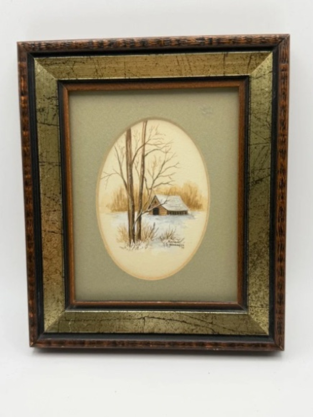 Karen Henninger Signed Winter Cabin Painting 1979 Vintage Framed Landscape Art